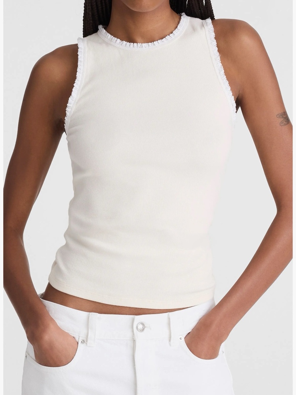 Madewell Cream Ribbed Fringe-Trim Tank Top Size M NWT